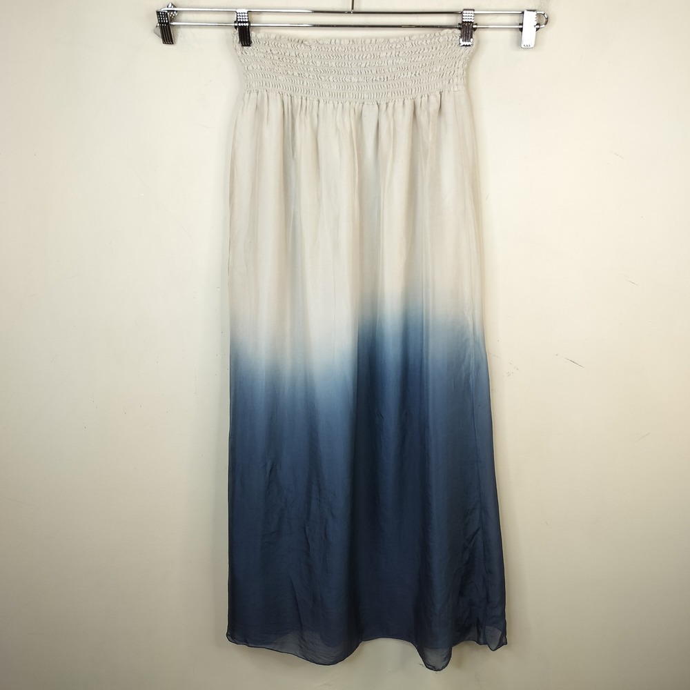 Keysha Italy Silk Ombre Maxi Skirt Small Smocked Waist Dip Dye Blue Cream